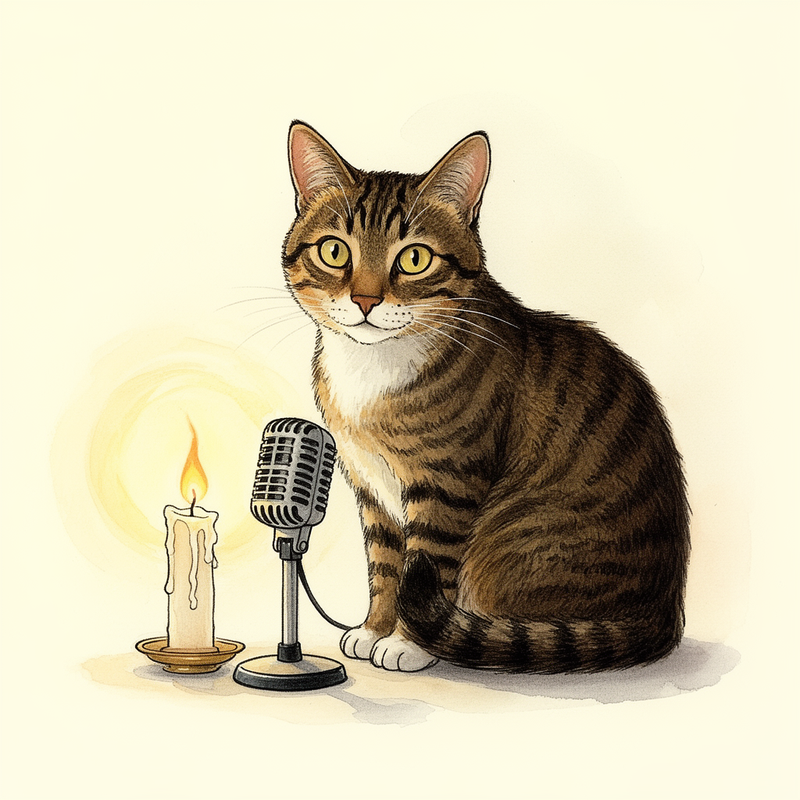 Talking With Pets podcast cover art: Prince MoRee, the show's medium, beside a glowing candle and a vintage microphone